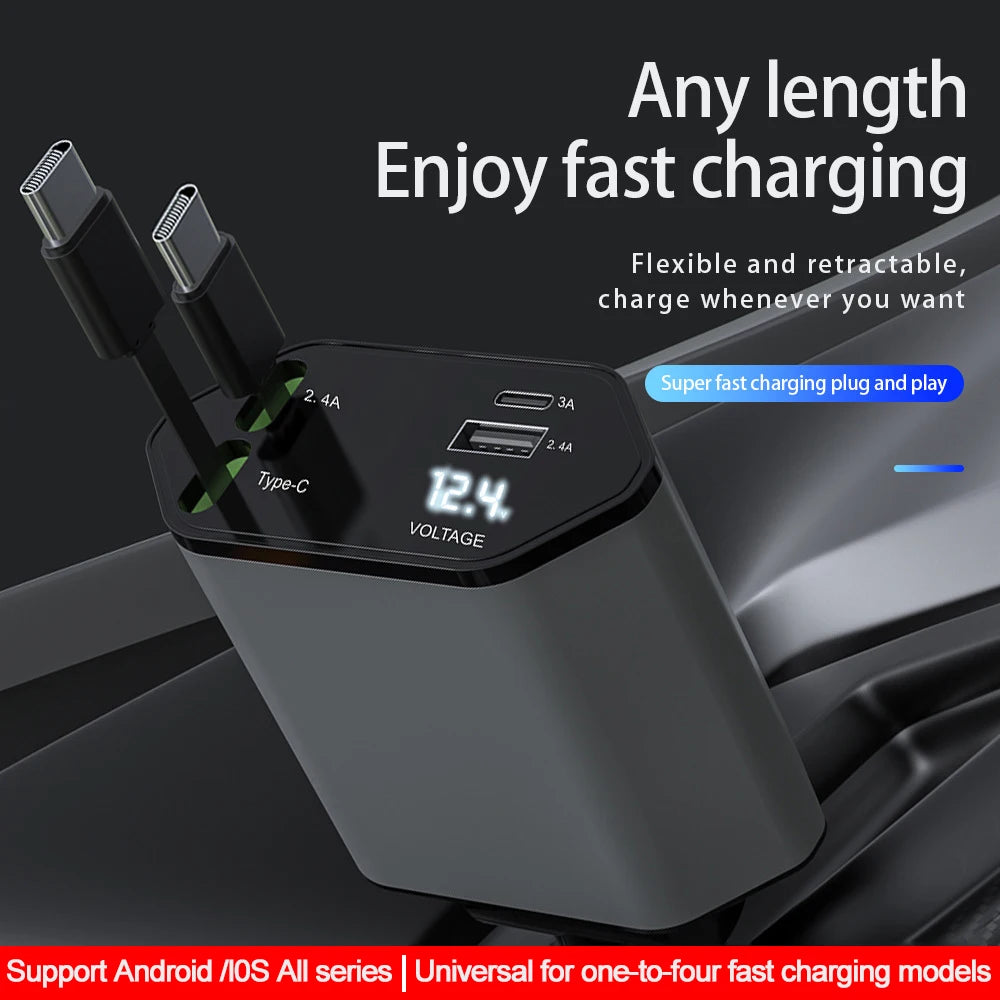 120W Retractable Car Charger with USB Type C Cable 4 in 1 Fast Charging Car Phone Charger For iPhone Samsung Charger Adapter