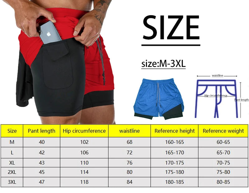 Men's Double Layer Fitness Shorts Drawstring Mesh Lining Elastic Waist Breathable Quick Dry to Beach Pool Summer Male