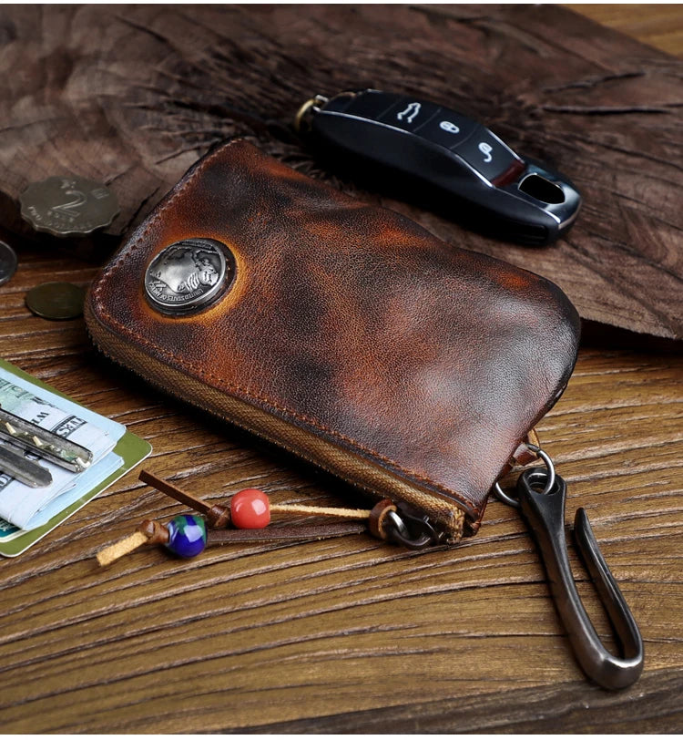 Vintage Cow Leather Coin Purse for Men Handmade Genuine Leather Change Pouch Key Holder Card Slot Storage Bag with Zipper