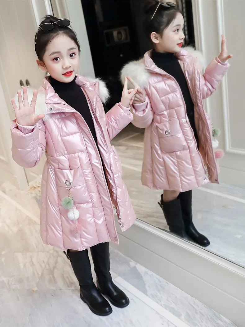 UNITIM 2024 Winter Children Girls Jacket Waterproof Hooded Shiny Thick Girls Outerwear Coat 5-14 Years Kids Teenages Girl Parka