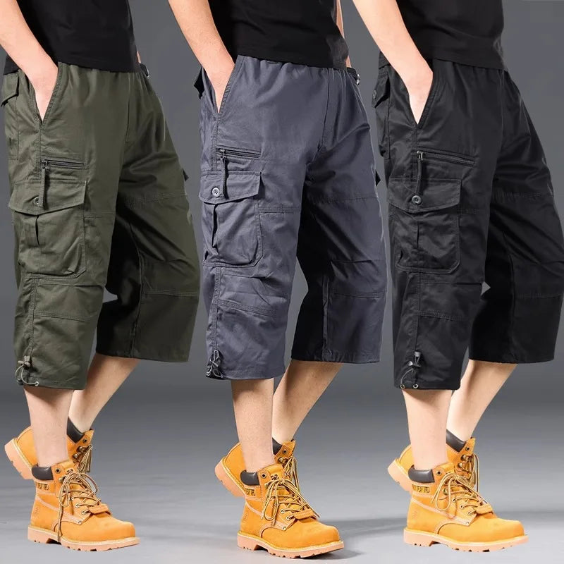 Summer Men's Cargo Shorts Loose Casual Below Knee Pants Elastic Waist Plus Size Outdoor Jogging Tactical Capri Pants