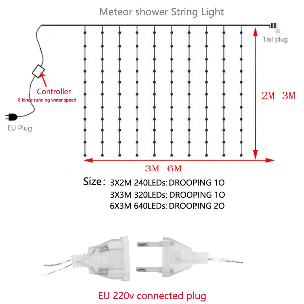 Waterfall Meteor Shower Rain String Light Christmas Led Festoon 2/3/6M led Holiday Decorative Lights For Home Garland Curtain