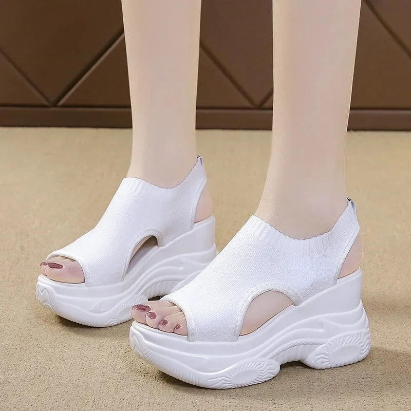 Women's Sandals 2023 Summer Wedge Heel Elastic Cloth Cover Foot Ladies Sandals Thick-soled Fashion Trifle Elevation Casual Shoes