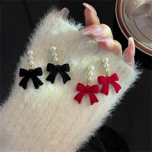 Bulbusbow Red Black Bowtie Earrings for Women and Girls with Simulated Pearls - Geometric Drop Earrings