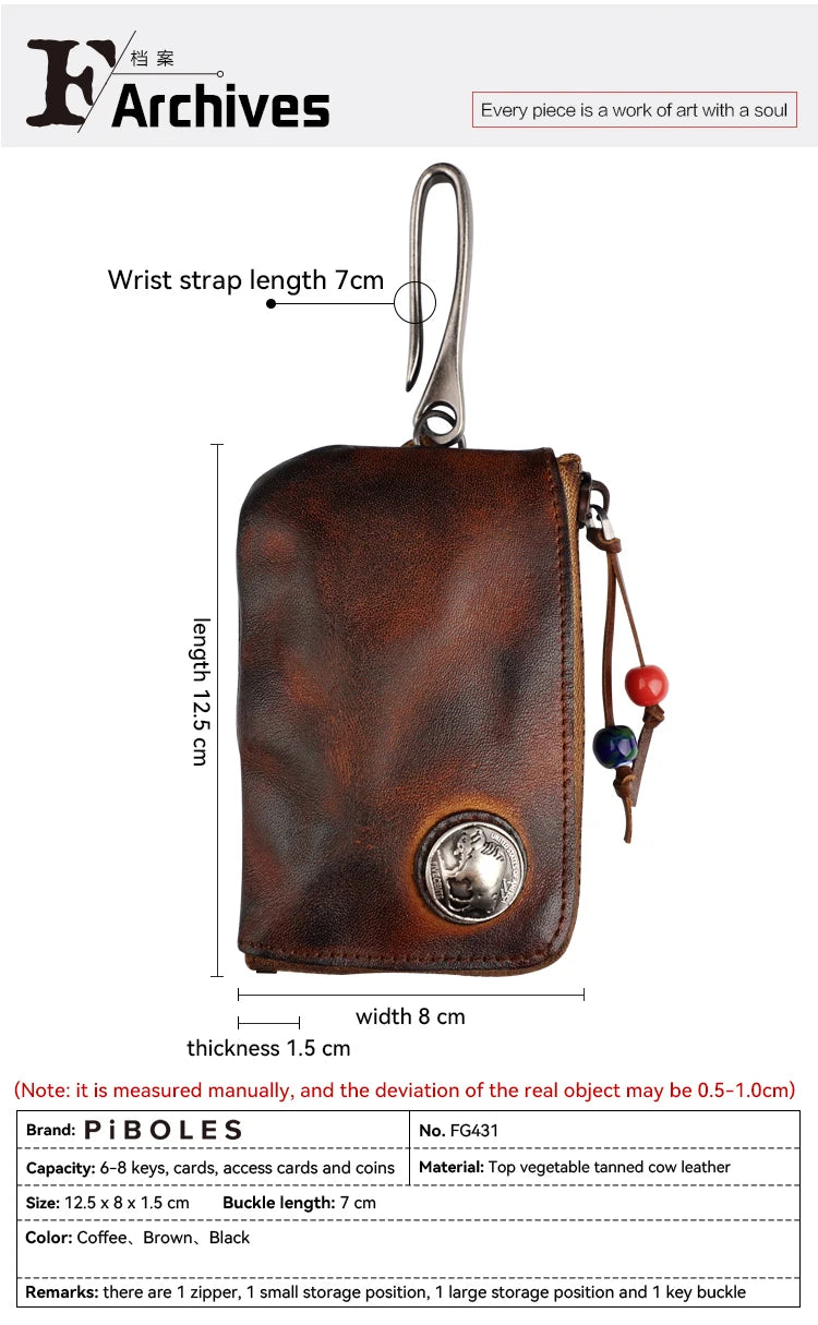 Vintage Cow Leather Coin Purse for Men Handmade Genuine Leather Change Pouch Key Holder Card Slot Storage Bag with Zipper