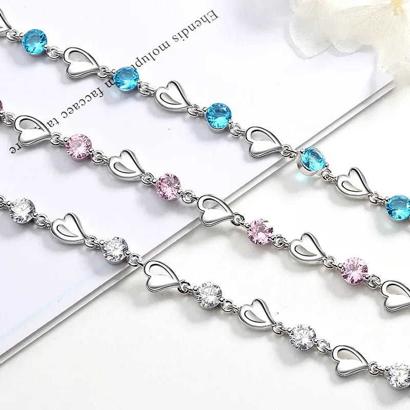 925 Sterling Silver Heart Shaped Bracelet For Women Retro Korean Versatile Pink Crystal Charm Bracelets Original Party Jewelry