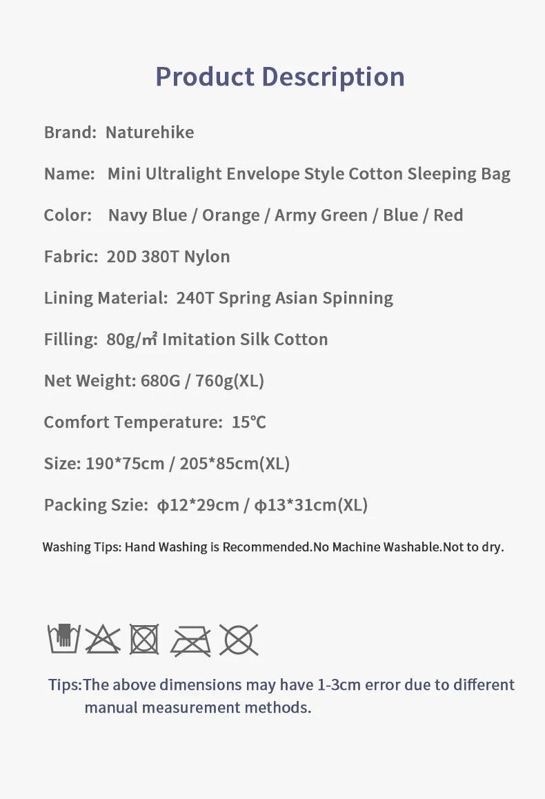 Naturehike Sleeping Bag LW180 Ultralight Waterproof Cotton Sleeping Bag Summer Hiking Camping Sleeping Bag Envelope Sleeping Bag