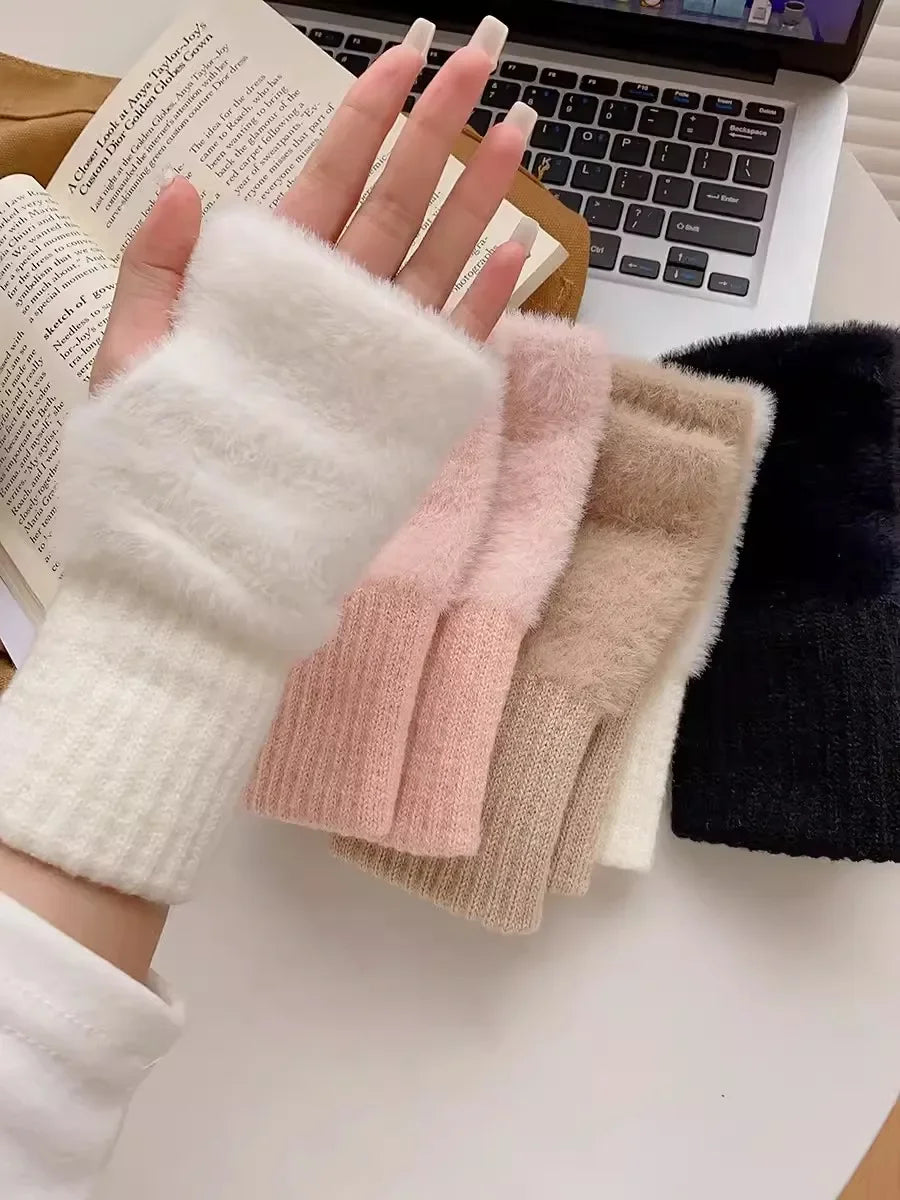 Mink Fleece Soft Winter Half Finger Gloves Women Warm Luxury Solid White Plush Knitted Fingerless Gloves Wrist Mittens Writting