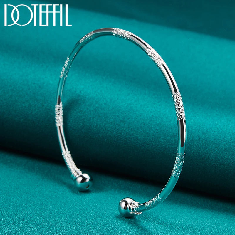 DOTEFFIL 925 Sterling Silver Double Beads Smooth Matte Cuff Bangle Bracelet For Man Woman Wedding Engagement Fashion Jewelry