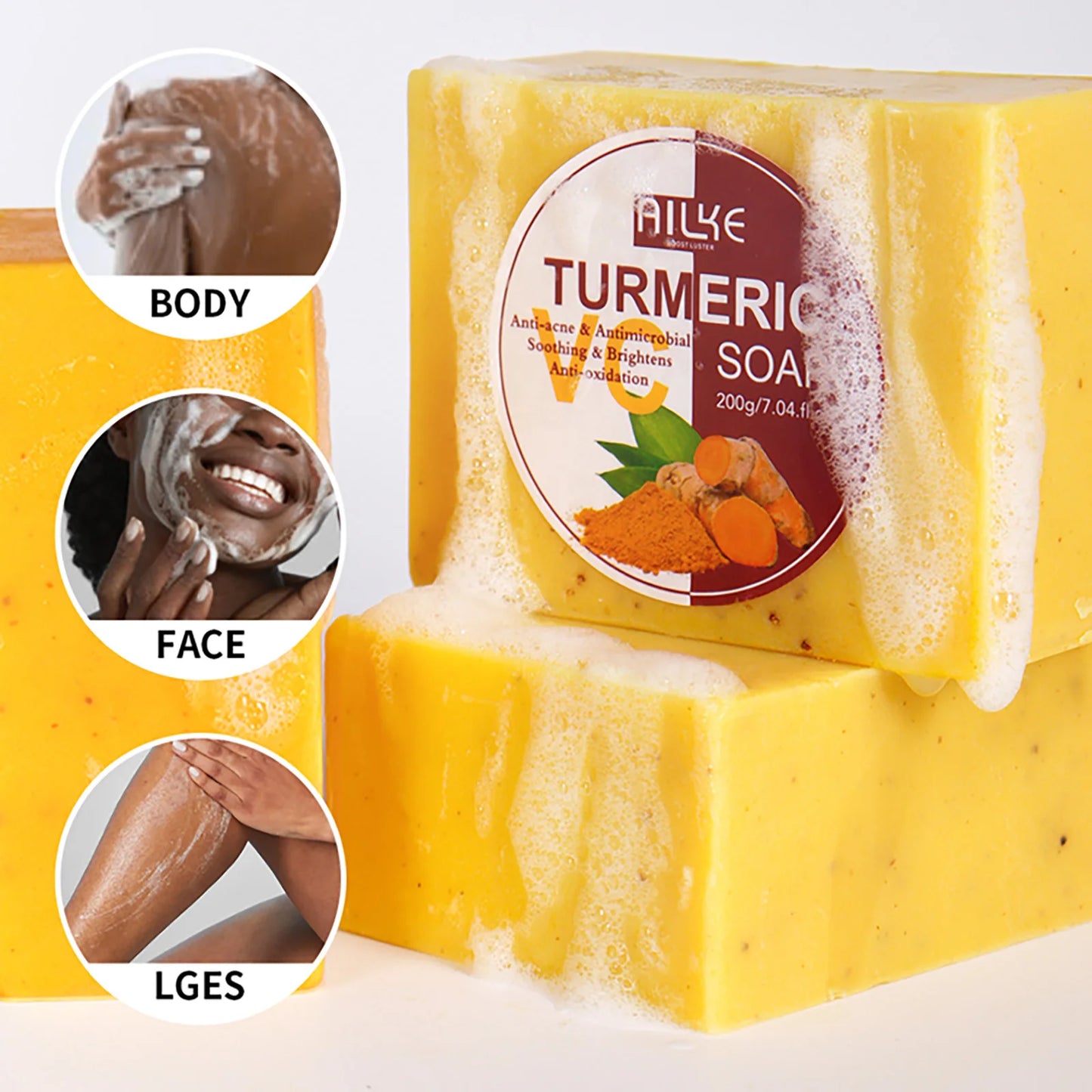 AILKE Turmeric Soap, Whiten, Remove Acne, Oil Control, Brightening, Clean Skin, Deeply Exfoliates, Even Skin Tone