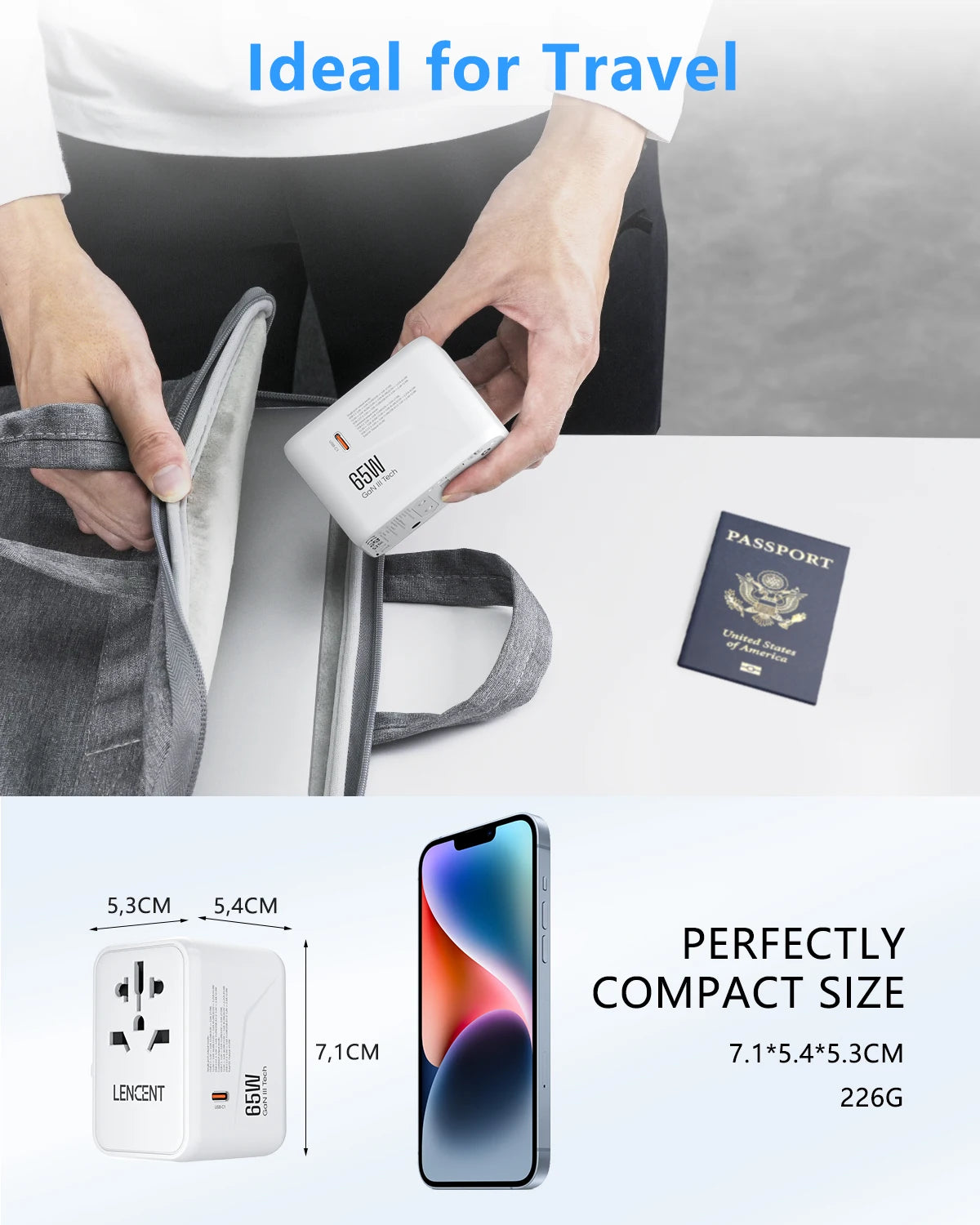 适用于 Apple 和 Samsung 的 65W 通用旅行适配器，带 2 个 USB 端口 3 个 C 型快速充电电源适配器，欧盟/英国/美国/澳大利亚插头，适合旅行