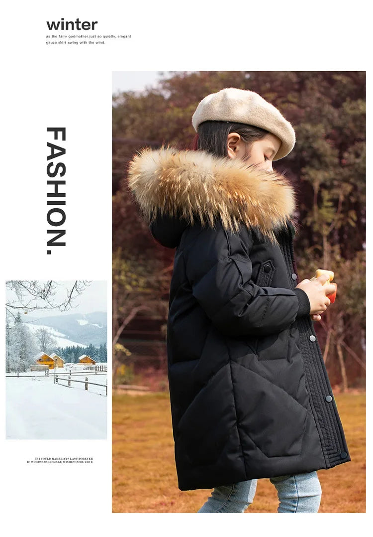 RAISE 2024 Winter Down Jackets For Grils 5-14Y Kids Junior Girl Parkas Real Raccoon Fur Solid Waterbreaker Babys Girls Outerwear