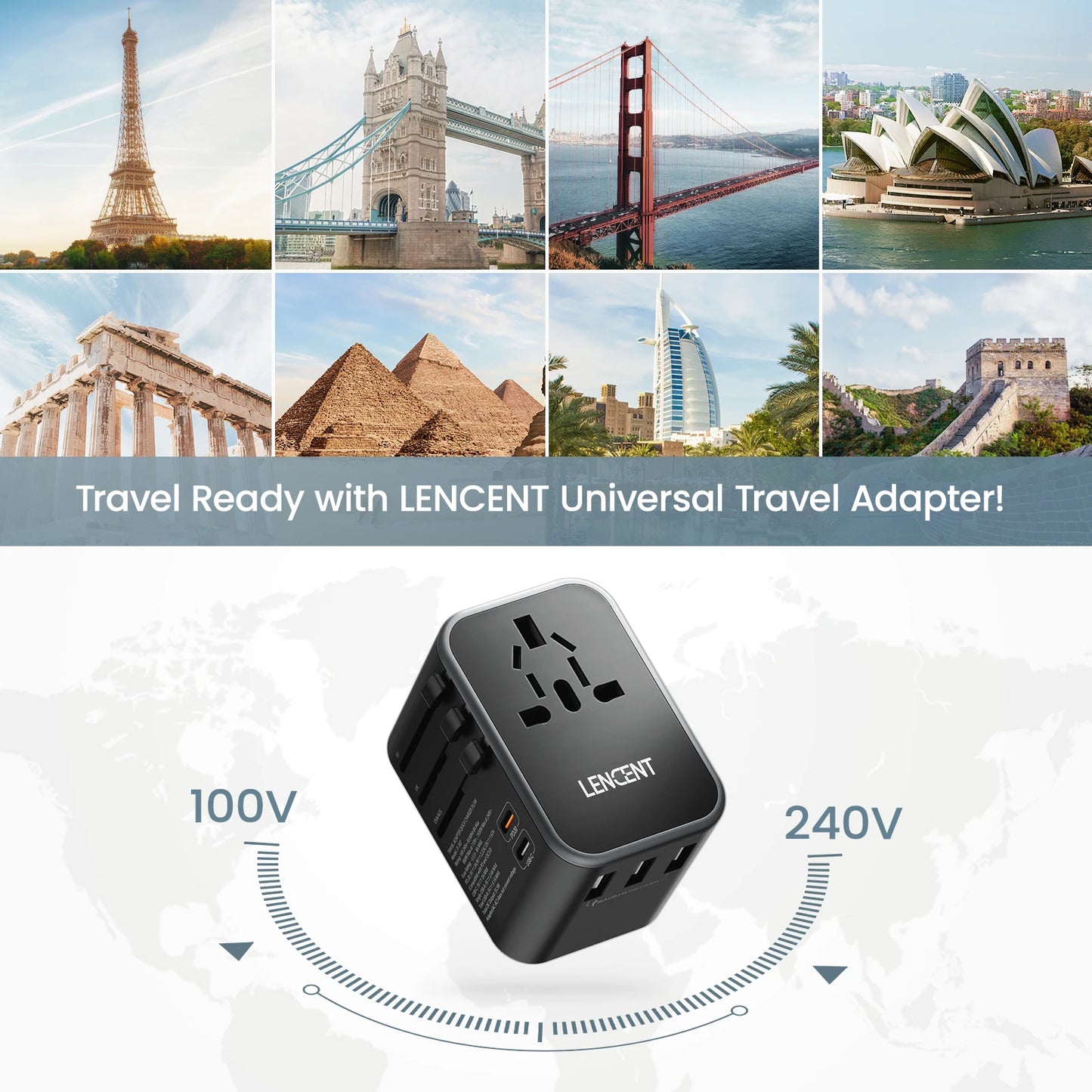 LENCENT 65W GaN 通用旅行适配器，带 2 个 USB 端口 3 型 C 快速充电电源适配器欧盟/英国/美国/澳大利亚插头，适合旅行