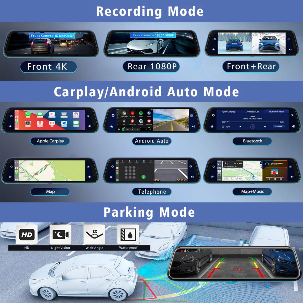 10 英寸行车记录仪 4K 3840*2160P 车载 DVR Carplay Android Auto GPS 5G WIFI AUX Stream 后视镜行车记录仪摄像头行车记录仪 FM