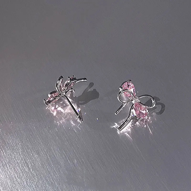 New in 925 Sterling Silver Bow Pink Zircon Stud Earrings For Woman Piercing Wedding Luxury Jewelry Best Selling 925 Money