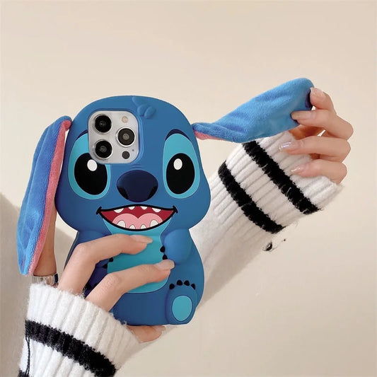 Bandai 3D Silicone Cartoon Phone Case Stitch For iPhone 14 13 12 11 15 Pro Max Fluffy Fur Plush Ear Stitch Cover Men Kids Gift