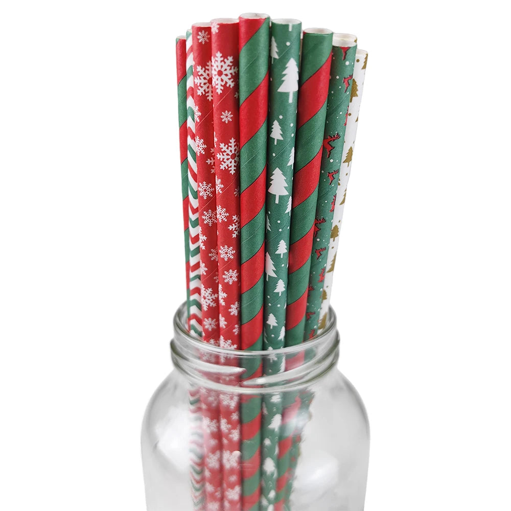 25/50/100pcs Christmas Party Favors Paper Straw Christmas Tree Elk Snowflakes Party Biodegradable Drinking Stripe Straw for Xmas