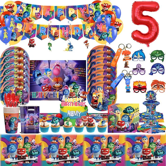 New Disney Inside Out 2 Birthday Party Decoration Cartoon Theme Tableware Kit Balloons Joy Sadness Keychain Supplies Kids Gifts