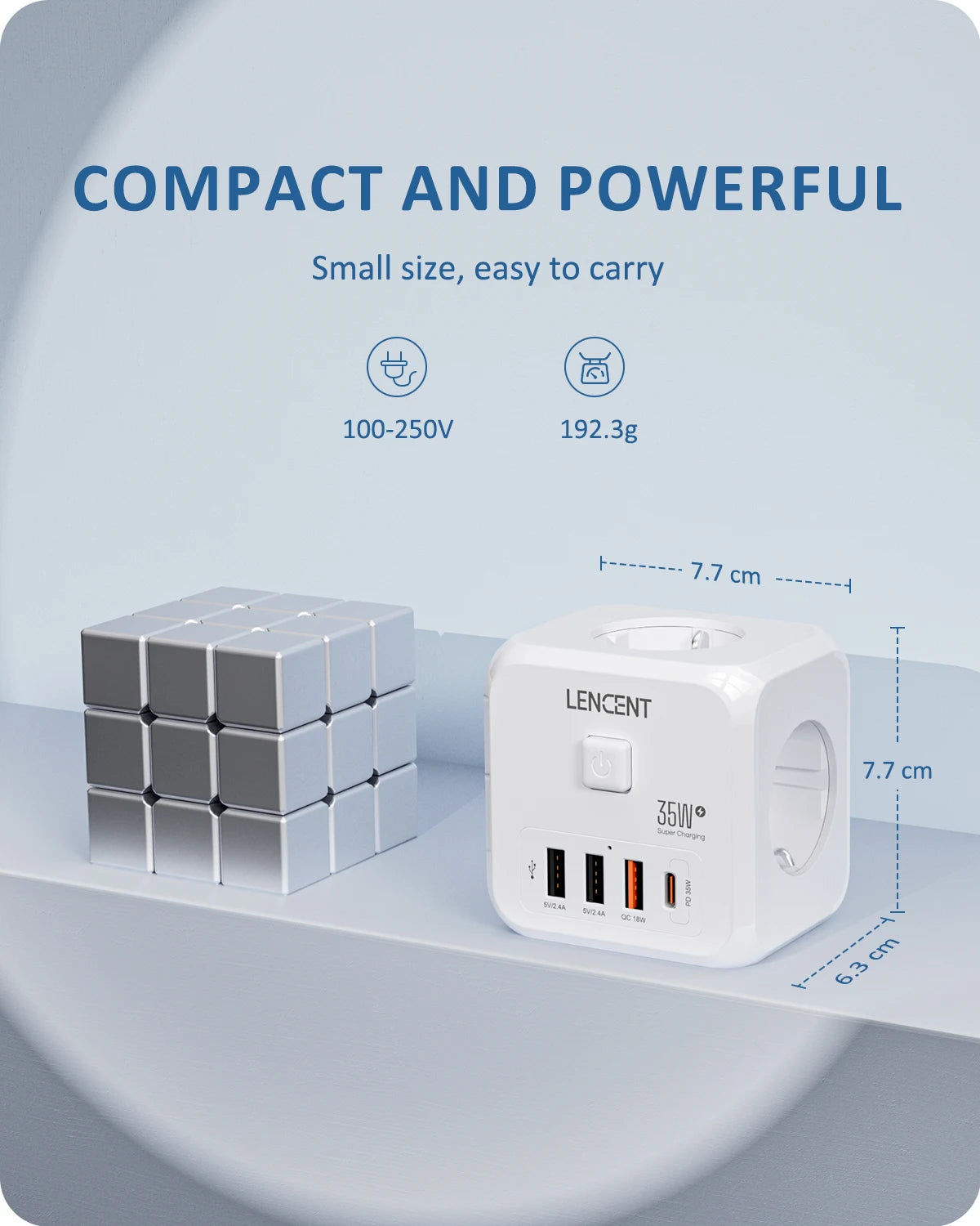 LENCENT Wall Socket Extender with 3 AC Outlets 3 USB Ports And1 Type C 7-in-1 EU Plug Charger On/Off Switch for Home