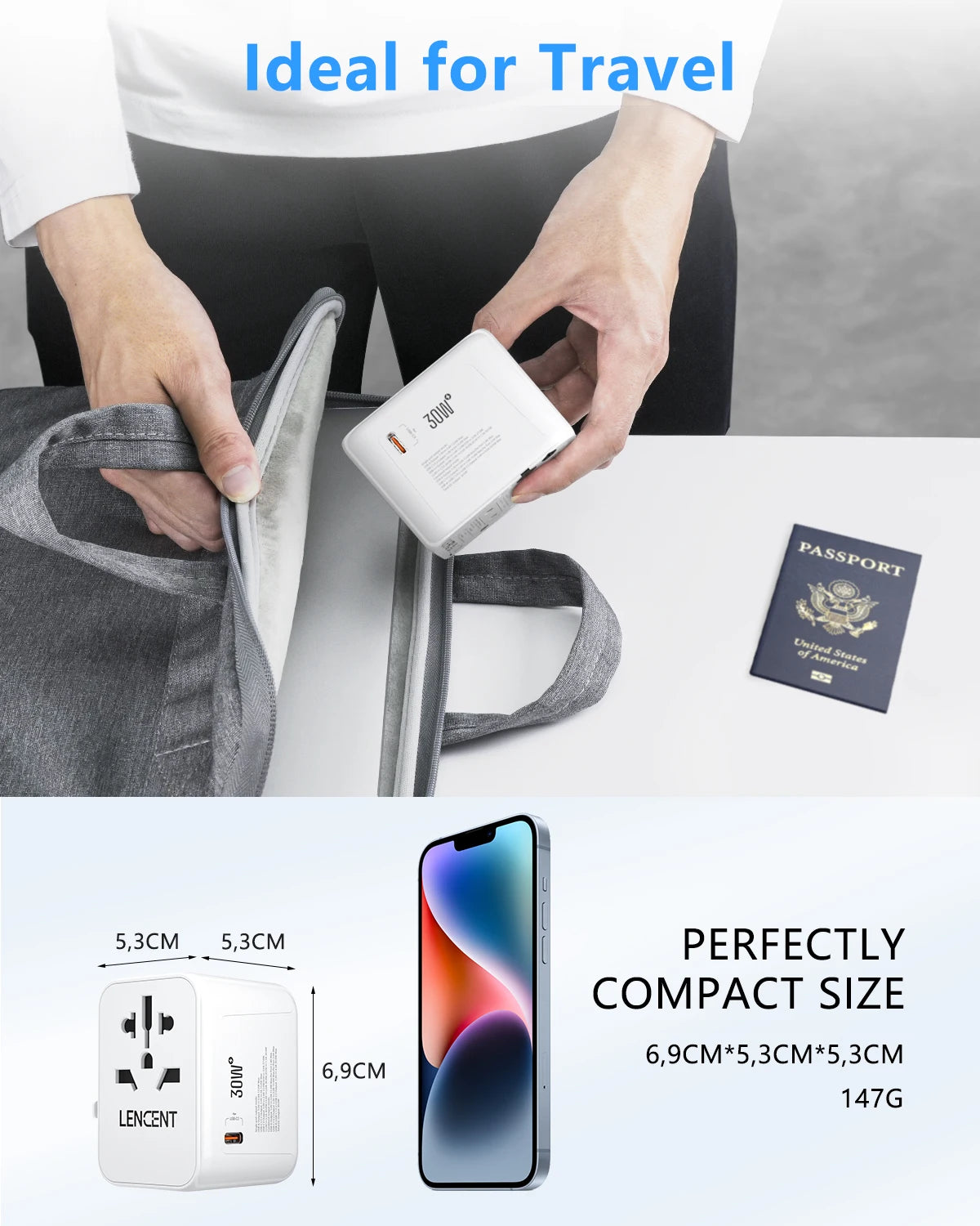 适用于 Apple 和 Samsung 的 65W 通用旅行适配器，带 2 个 USB 端口 3 个 C 型快速充电电源适配器，欧盟/英国/美国/澳大利亚插头，适合旅行