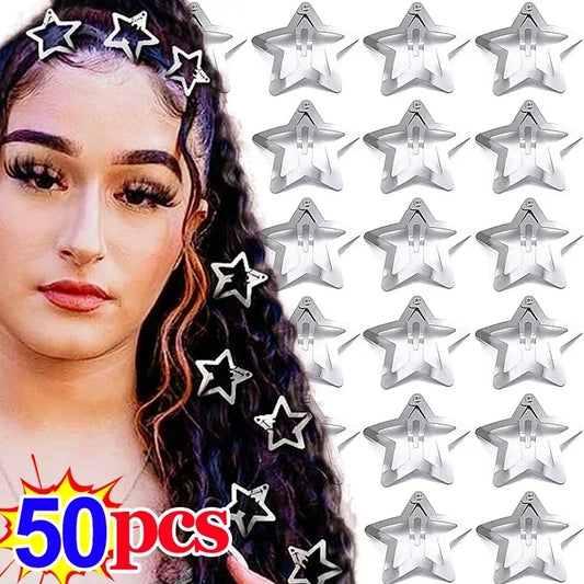 2/50Pcs Y2K Silver Star Hair Clips for Girls – Filigree Metal Snap Clip Hairpins & Barrettes | Nickel-Free Bobby Pins | Trendy, Durable Hair Jewelry by Bulbusbow