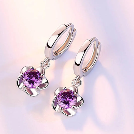 Bulbusbow 925 Sterling Silver Flower Dream Catcher Hoop Earrings with Purple & White Zircon"