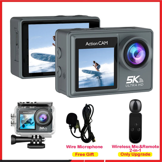 5K 4K60FPS Action Camera Dual IPS Touch LCD DVR EIS 170° 30M Waterproof 5X Zoom Sport Camera With Wireless Mic & Remote Control