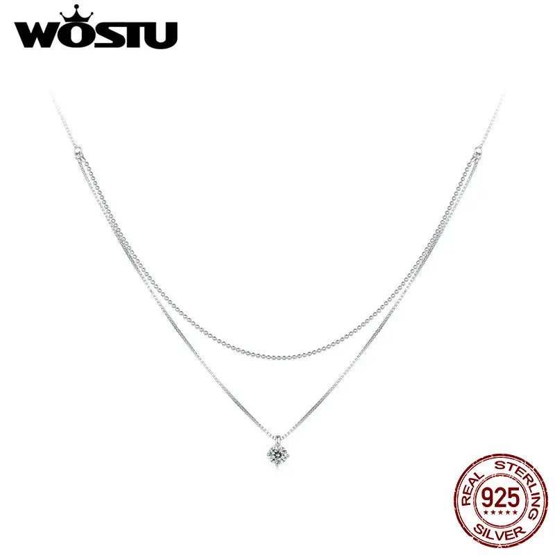 WOSTU 925 Sterling Silver CZ Double Layer Two in one Necklace For Women Beads Choker Box Chain Links Wedding Party Jewelry Gift