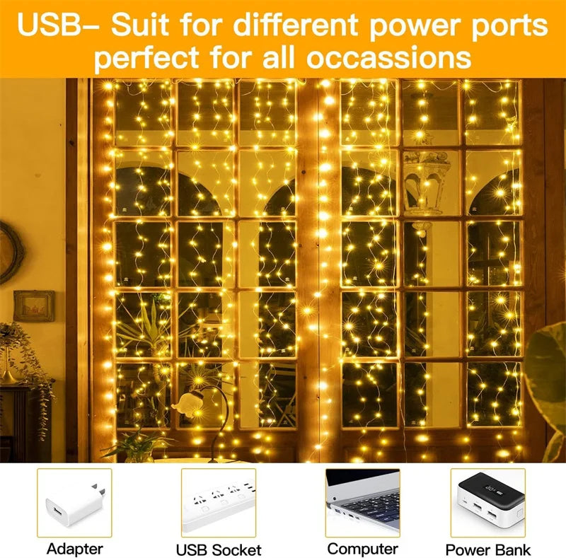 أضواء عيد الميلاد LED الخيالية سلسلة أضواء الستارة 8 وضع التحكم عن بعد USB فيستون ديكور عيد الميلاد للمنزل عطلة رأس السنة الجديدة مصباح