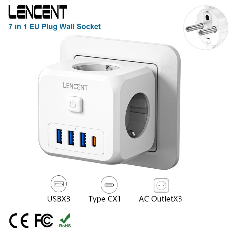 LENCENT Wall Socket Extender with 3 AC Outlets 3 USB Ports And1 Type C 7-in-1 EU Plug Charger On/Off Switch for Home