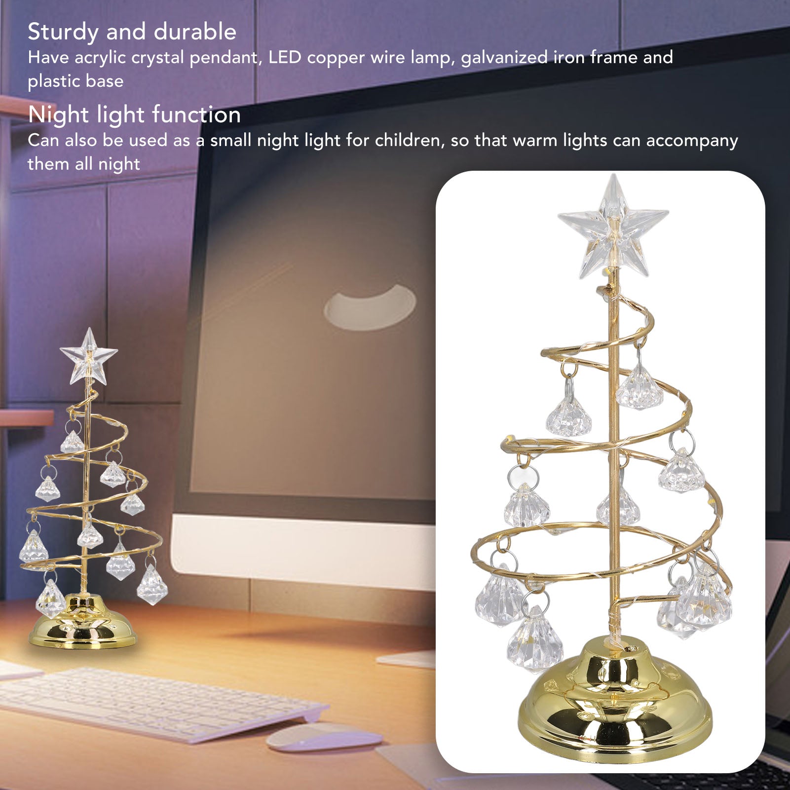 LED Christmas Tree Lamp Small Crystal Decorative Iron Tree Night Light Ornament For Gift Golden Warm Light