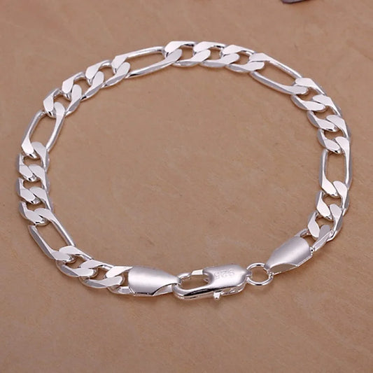 Fine 925 Sterling silver bracelets 6-8mm Women Men chain wedding fashion top quality Silver Jewelry Figaro 20cm