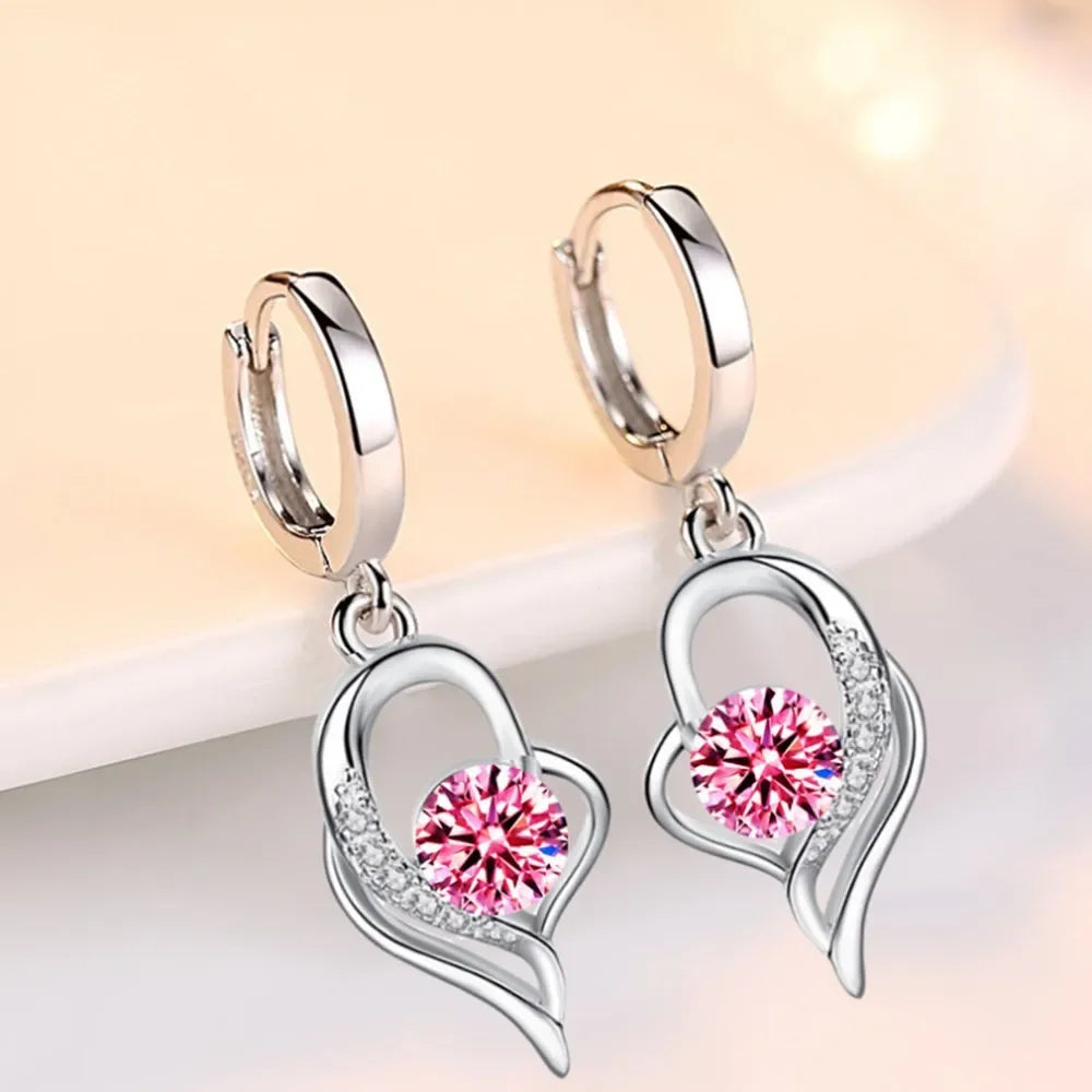 Bulbusbow 925 Sterling Silver Heart Drop Earrings with Blue, Pink, White & Purple Crystal Zircon and Sapphire