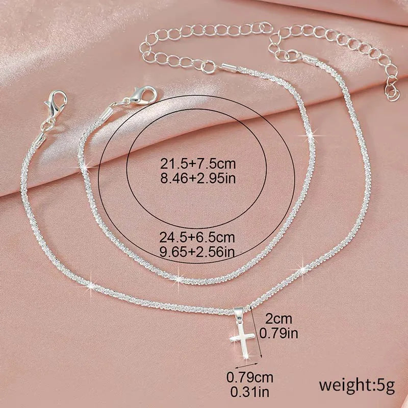 Sparkling Thin Chain Anklet For Women Zircon Heart Cross Pendant Double Layer Bracelet On Leg Foot Trendy Summer Beach Jewelry