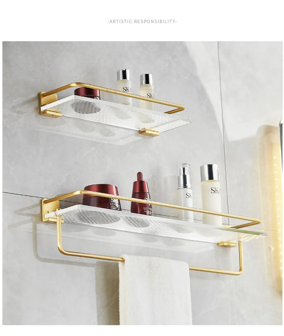 DOOKOLE Bathroom Floating Shelves Gold, Wall Mounted Storage Shelves with Towel Bar for Bathroom, Kitchen, Bedroom