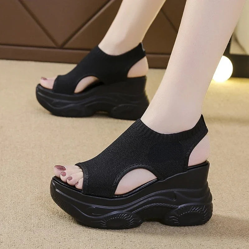 Women's Sandals 2023 Summer Wedge Heel Elastic Cloth Cover Foot Ladies Sandals Thick-soled Fashion Trifle Elevation Casual Shoes