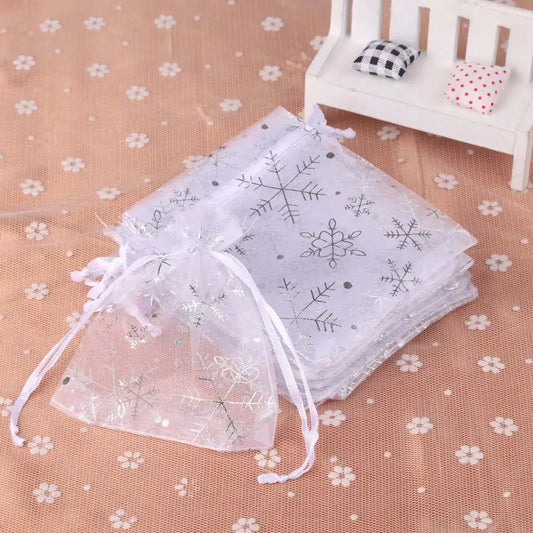 50/100pcs White Red Organza Snowflake Gift Bags 7x9/9x12/10x15/13x18cm Wedding Christmas Party Candy Jewelry Packaging Pouches