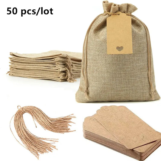 50 Pcs Wedding Small Jute Bags with Paper Tags Christmas New Year Party Gift Thank You Drawstring Pouches Jewelry Package Sacks