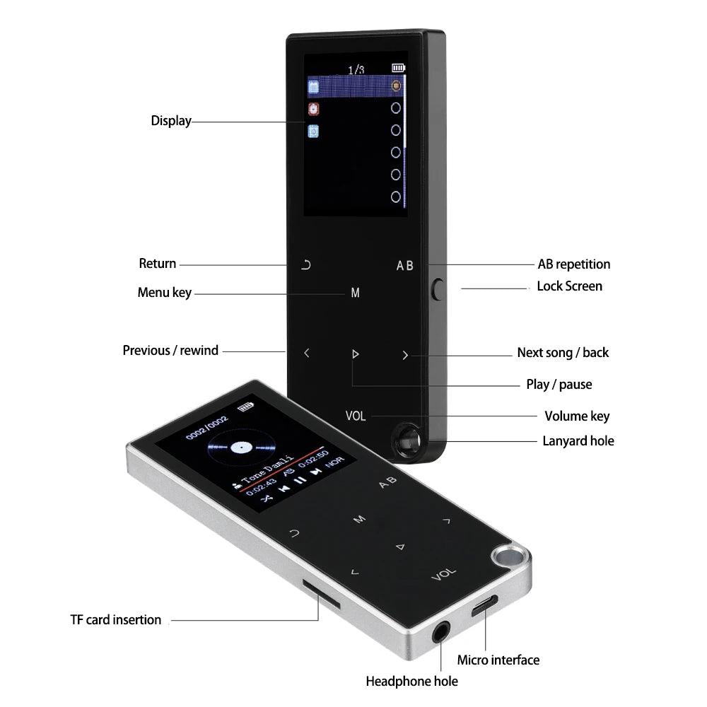 مشغل موسيقى MP3 جديد بتقنية البلوتوث 5.0 بدون فقدان للصوت، مشغل صوت محمول عالي الدقة مع راديو FM/كتاب إلكتروني/مسجل/مشغل فيديو MP4 بشاشة 2.4 بوصة