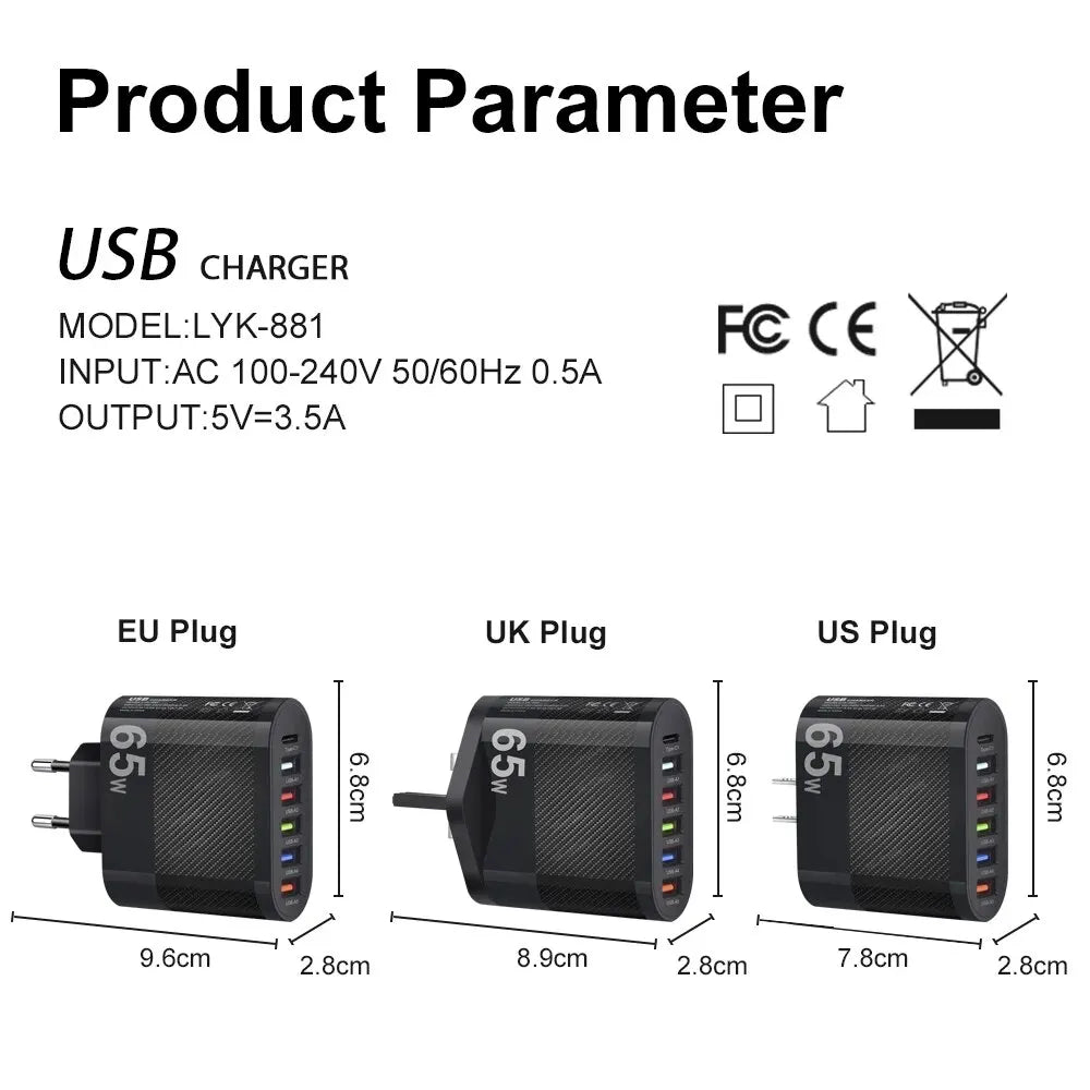 3.1A 5 端口 USB 充电器 PD 充电适配器适用于小米 iPhone 13 三星手机插头充电 QC 3.0 壁式充电器