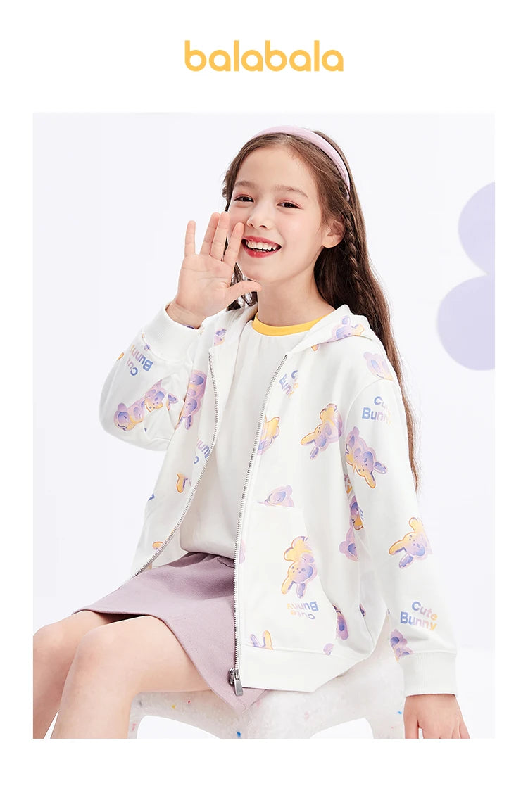 Balabala Kids Girl Jackets Spring and Autumn Hooded Rabbit Print Sweet Knitted Long-Sleeve Jacket