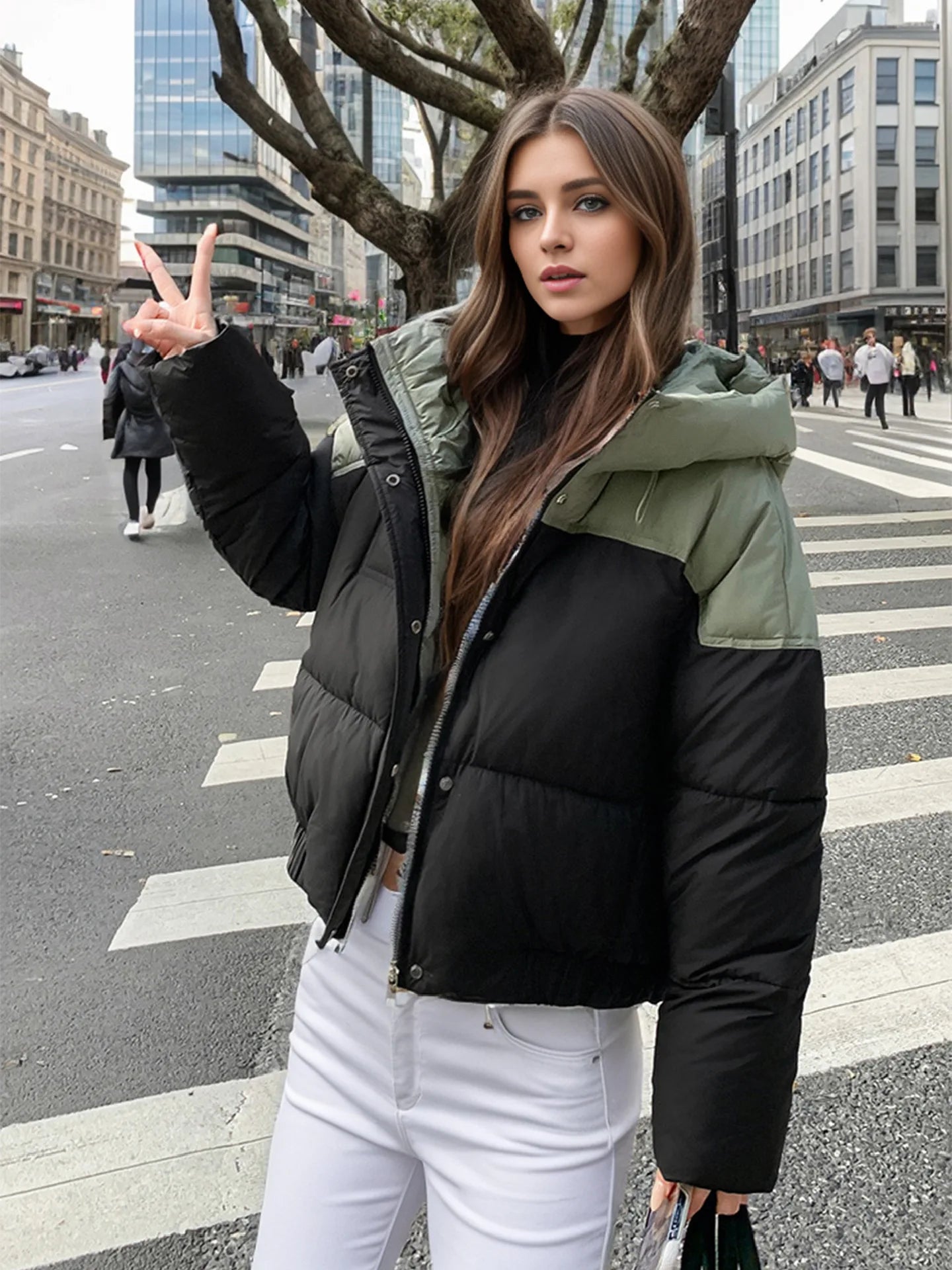 YJKDYK 2024 Winter Women's Cotton Jacket Female Contrast Hooded Thicken Warm Parkas Coats Top Women Street Fashion Jacket