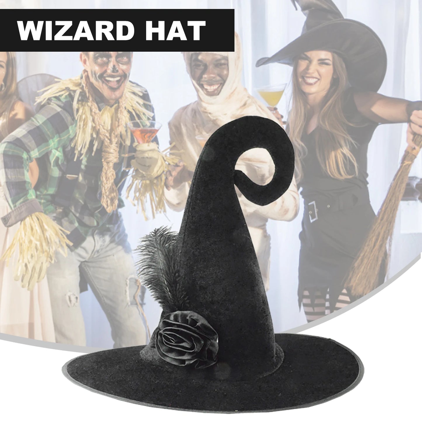 Halloween Decoration Wizard Hat with Feather Rose Witch Costume Headgear Versatile Decor For Women Men Masquerade Party Supplies