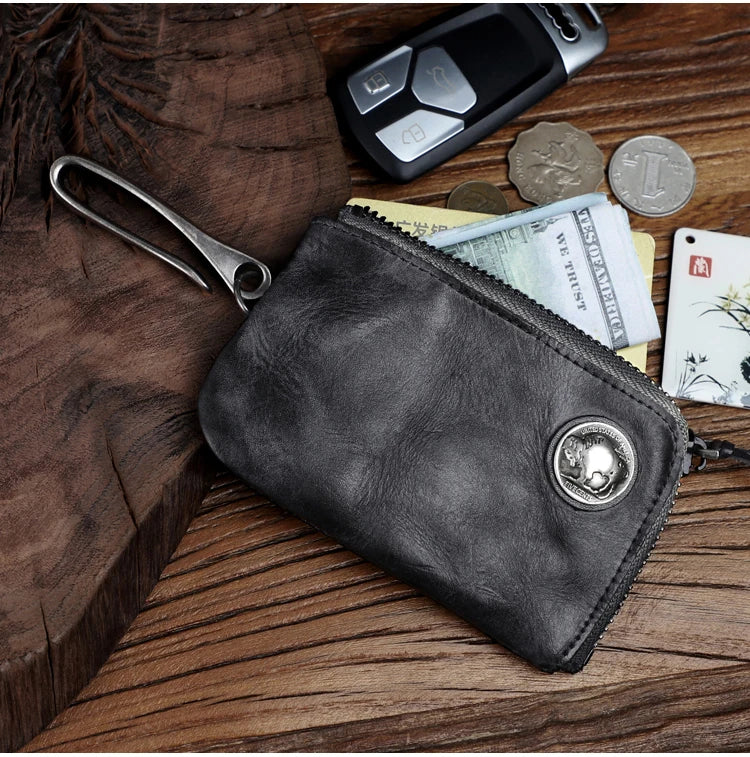 Vintage Cow Leather Coin Purse for Men Handmade Genuine Leather Change Pouch Key Holder Card Slot Storage Bag with Zipper