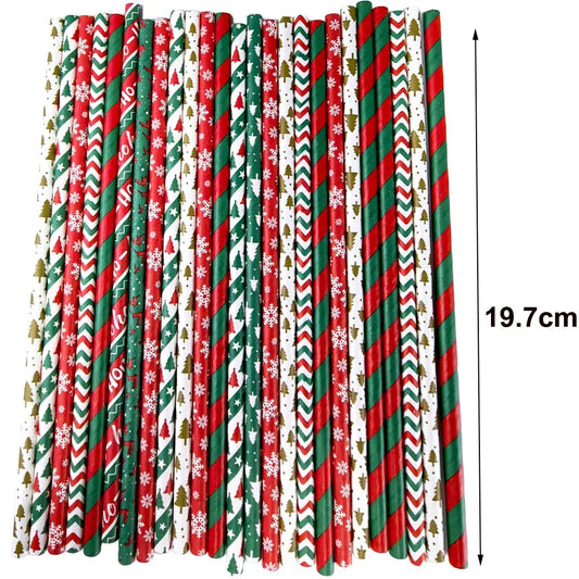 25/50/100pcs Christmas Party Favors Paper Straw Christmas Tree Elk Snowflakes Party Biodegradable Drinking Stripe Straw for Xmas