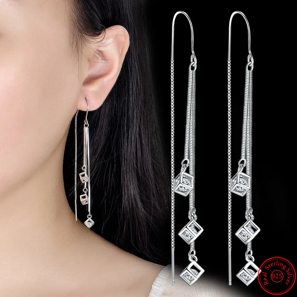 Fanqieliu Real 925 Sterling Silver Square Crystal Long Drop Earrings For Women Trendy Jewelry New FQL22275