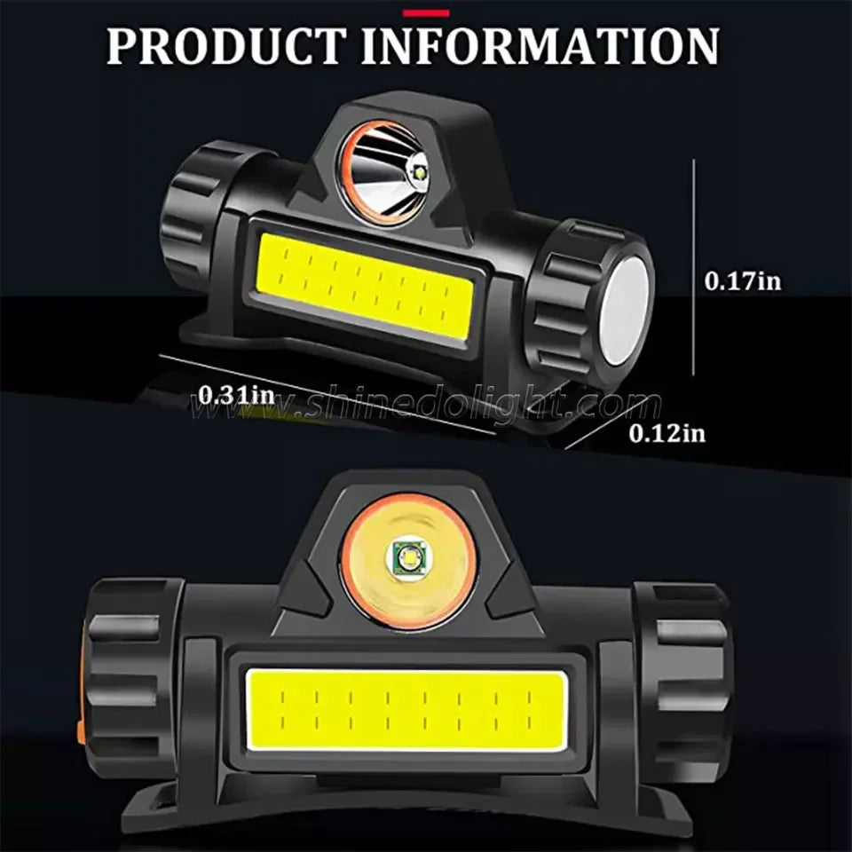 مصباح أمامي صغير محمول وقوي LED XPE+COB USB قابل لإعادة الشحن ومصباح أمامي للصيد ومقاوم للماء مع ذيل مغناطيسي