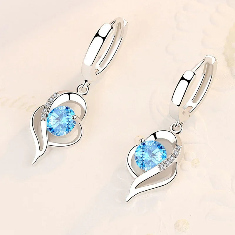 Bulbusbow 925 Sterling Silver Heart Drop Earrings with Blue, Pink, White & Purple Crystal Zircon and Sapphire