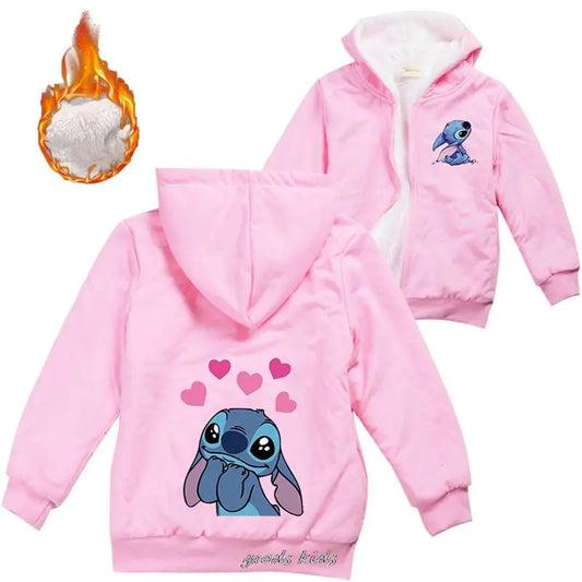 Lilo And Stitch Outdoor Jacket For Children Winter Hooded Warm Windbreaker Casual Baby Boy Velvet Thick Coats Kids Clothing Fur