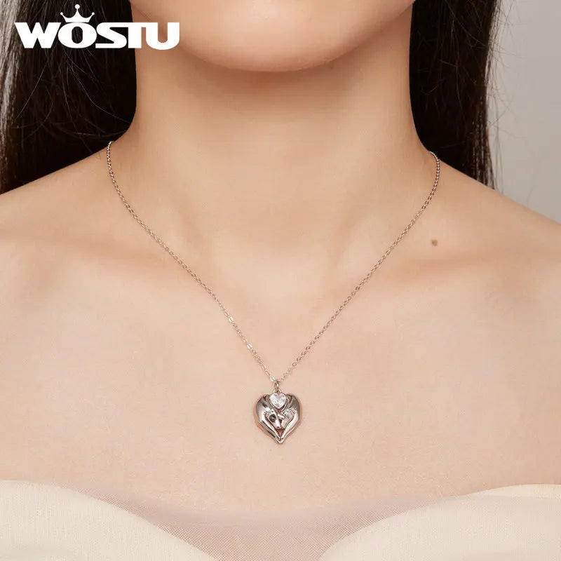 WOSTU 925 Sterling Silver Love Footprint Necklace Mother-child Heart-shape Pendant Chain for Women Fine Jewelry Mother Wife Gift